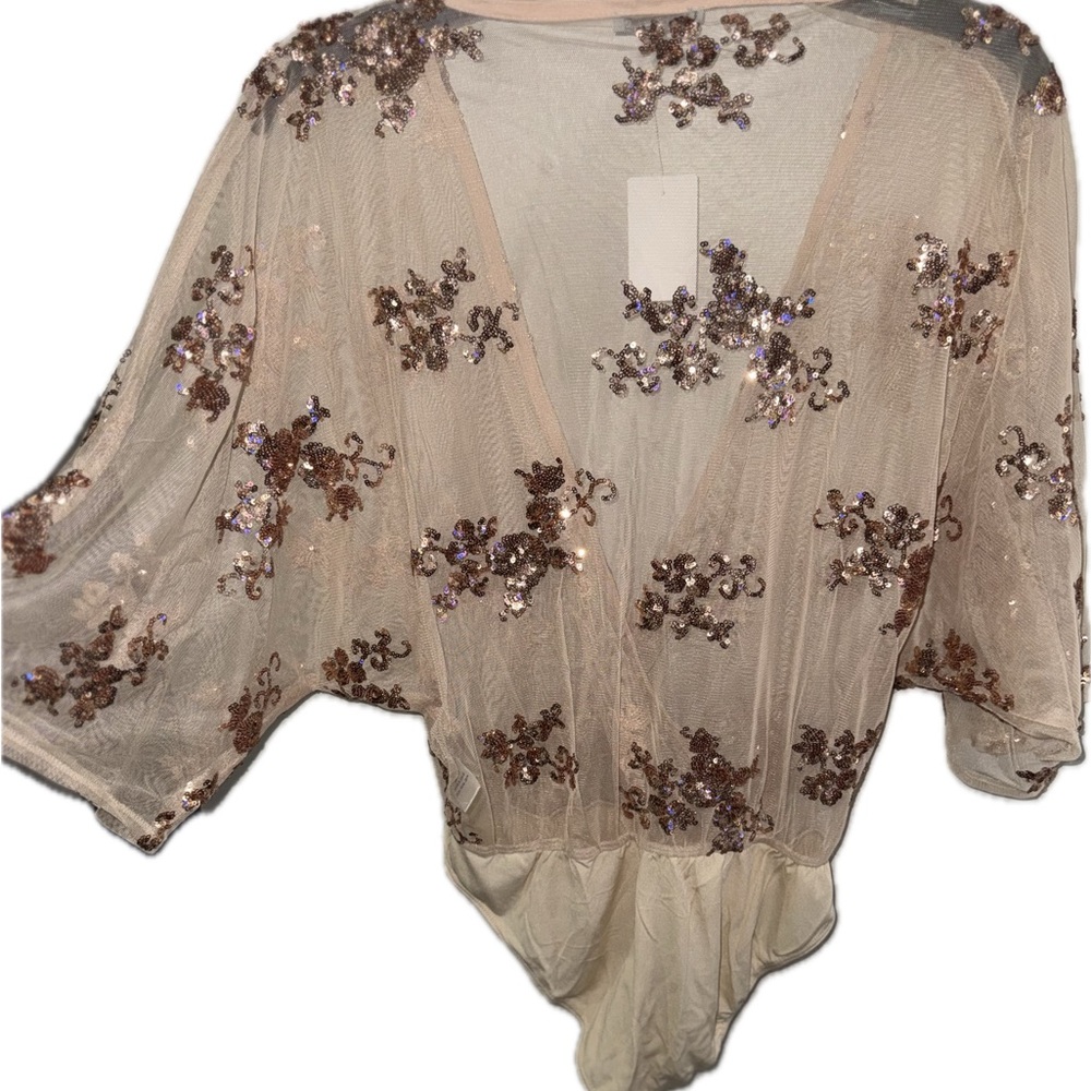 Charlotte Russe Sequin Embellished Bodysuit - Cream and Brown